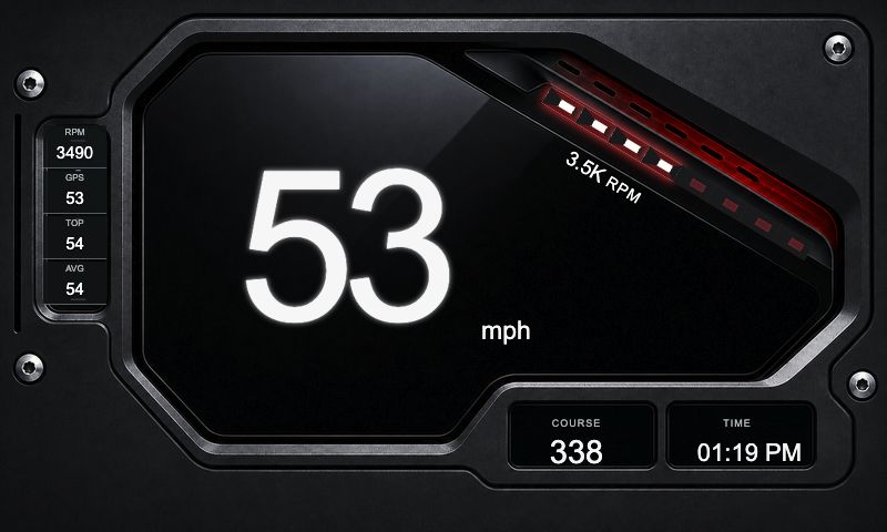 Blackline Aperture theme showing speed, RPM, and vehicle readings in Meters