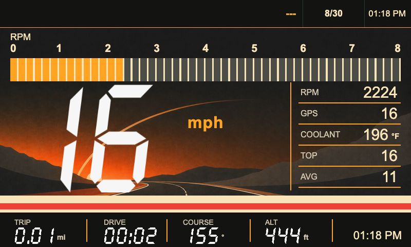 Dawnline theme showing speed, RPM, and vehicle readings in Meters