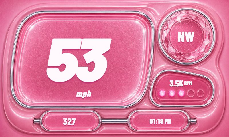 Dreamhouse Vanity Array theme showing speed, RPM, and vehicle readings in Meters