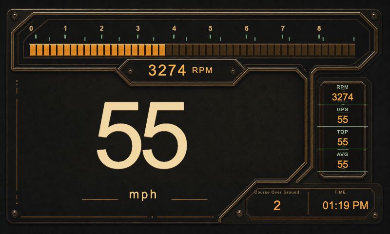 JNC Stepped Frame theme showing speed, RPM, and vehicle readings in Meters