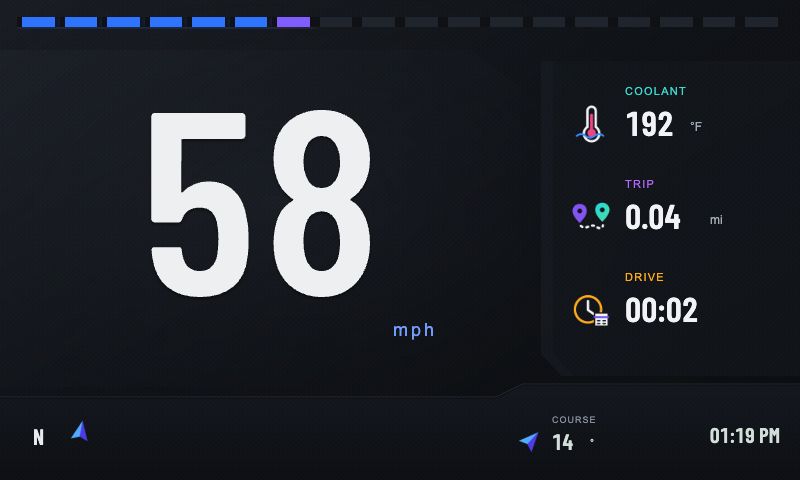Prism Daily theme with speed and RPM surrounded by customizable vehicle readings
