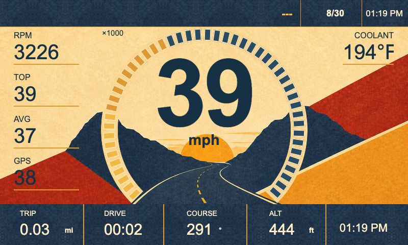 Solar Roundel theme showing speed, RPM, and vehicle readings in Meters