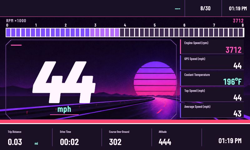 Ultraviolet Drive theme showing speed, RPM, and vehicle readings in Meters