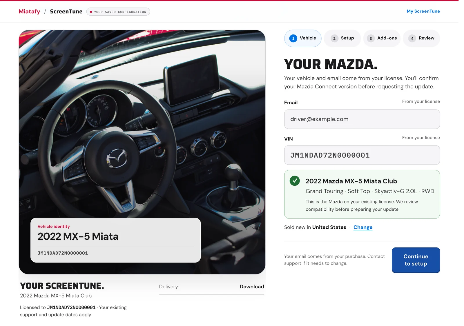 The ScreenTune configurator in update mode on the Vehicle step, with the email and VIN filled in from the license