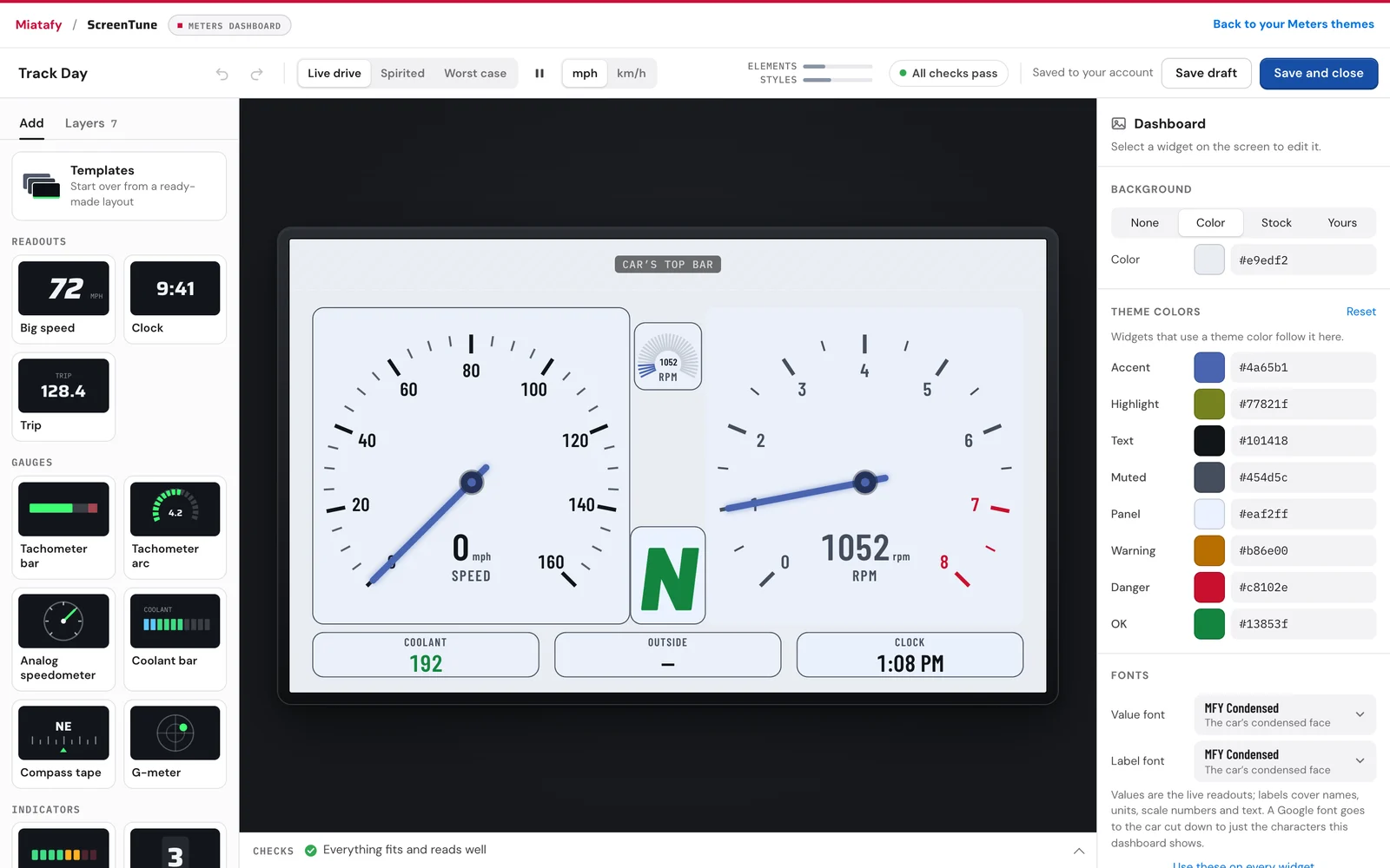 The Meters dashboard builder with widgets on the left, the 800 by 480 screen preview in the center, and the inspector on the right