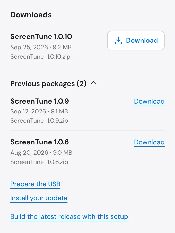 Downloads panel with the newest package, two previous packages, and the Build the latest release with this setup link