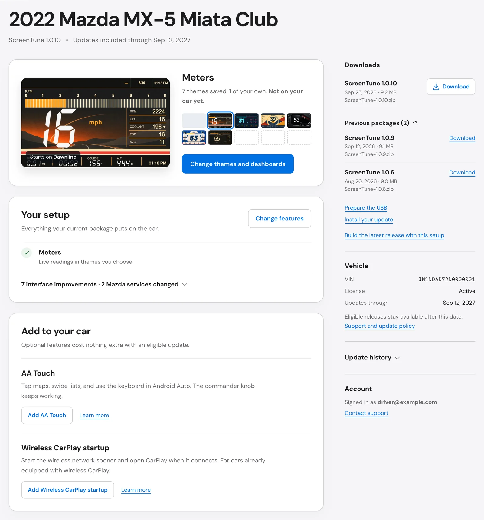 My ScreenTune home for a 2022 MX-5 Miata Club with the Meters card, Your setup, Add to your car, Downloads, and Vehicle panels