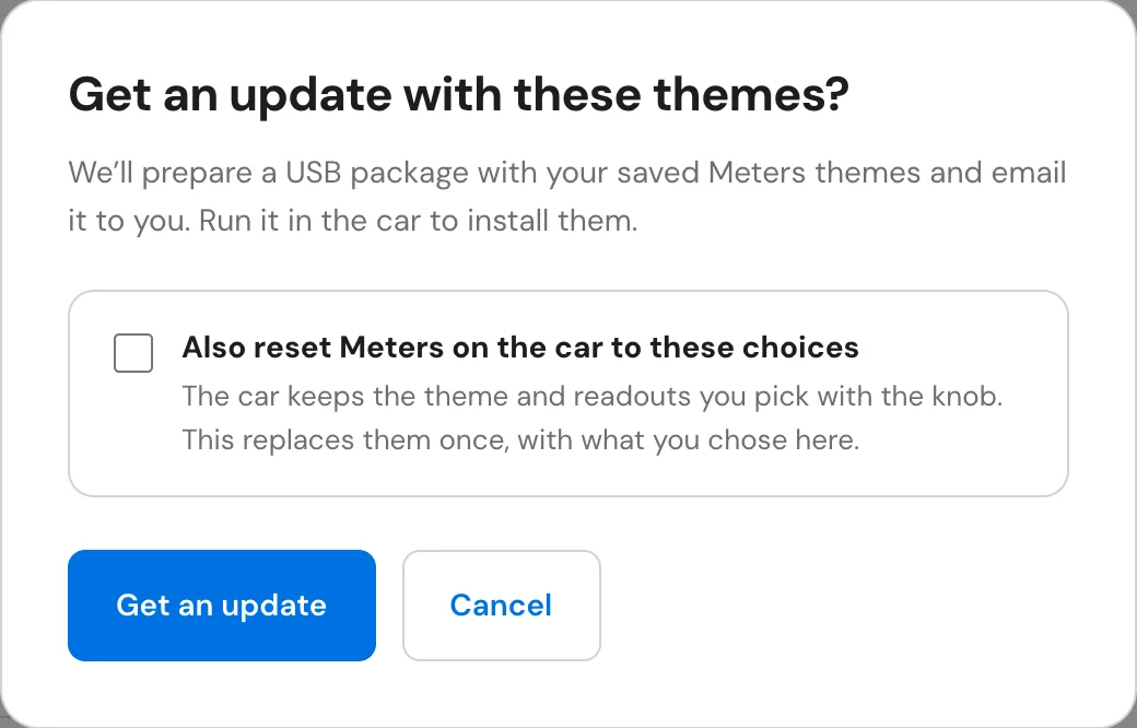 Get an update with these themes? dialog with the Also reset Meters on the car to these choices option