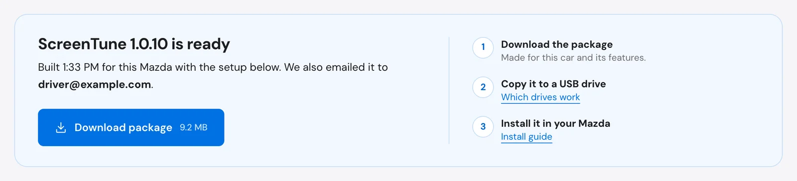 ScreenTune 1.0.10 is ready card with the Download package button and three install steps