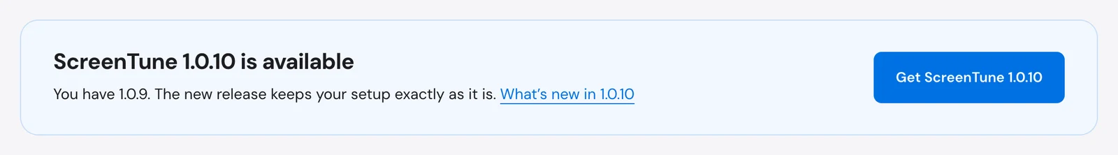 ScreenTune 1.0.10 is available card with the Get ScreenTune 1.0.10 button
