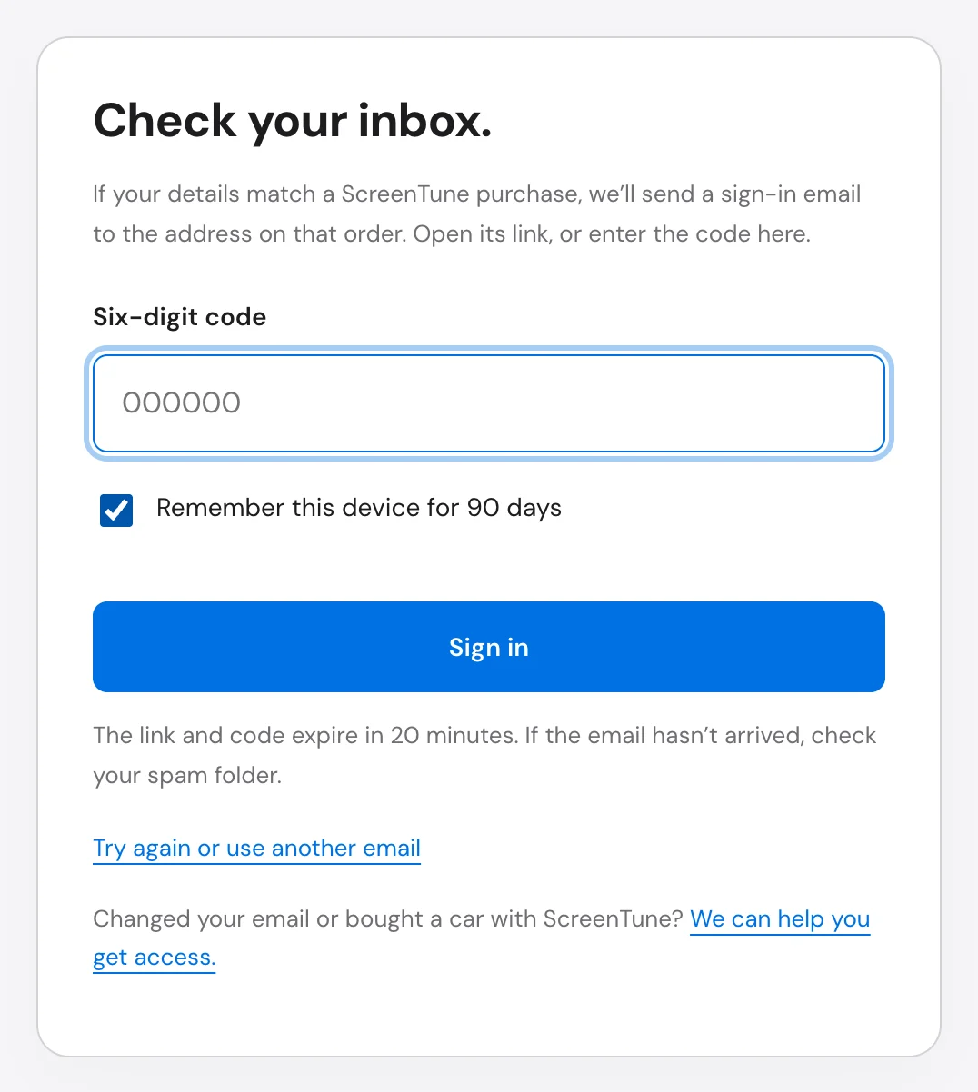 Check your inbox panel with the six-digit code field and the Remember this device for 90 days checkbox