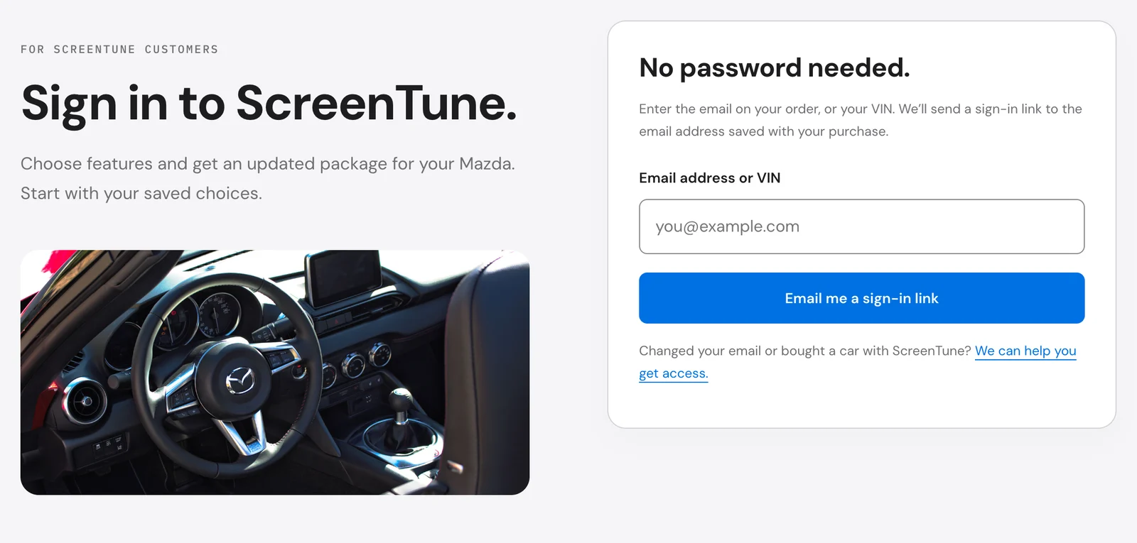 My ScreenTune sign-in page with the Email address or VIN field and the Email me a sign-in link button