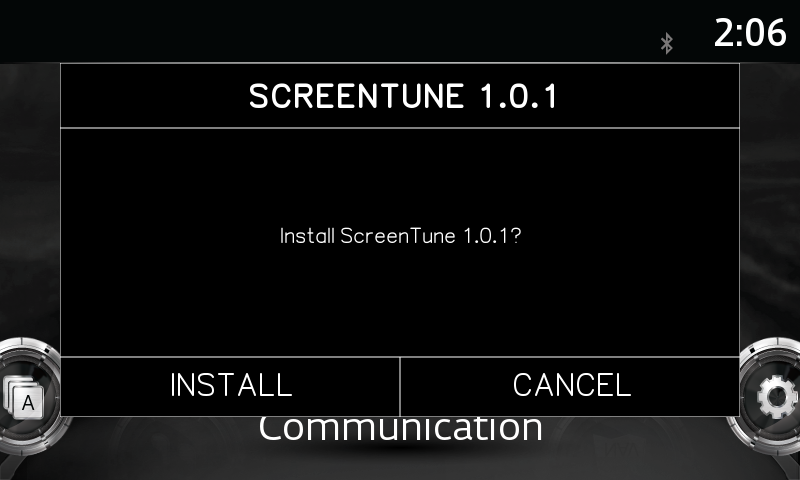 Fresh ScreenTune prompt with INSTALL and CANCEL buttons on Mazda Connect