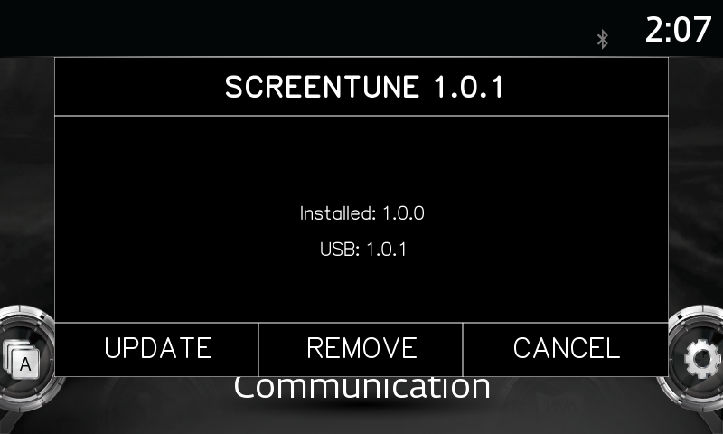 ScreenTune update prompt with UPDATE, REMOVE, and CANCEL buttons