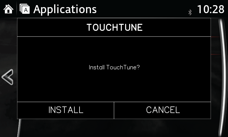 Fresh TouchTune prompt with INSTALL and CANCEL buttons on Mazda Connect